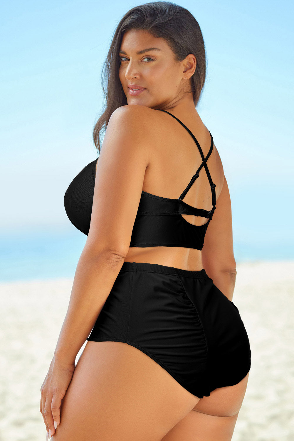 halter neck crisscross ruched two-piece swimsuit