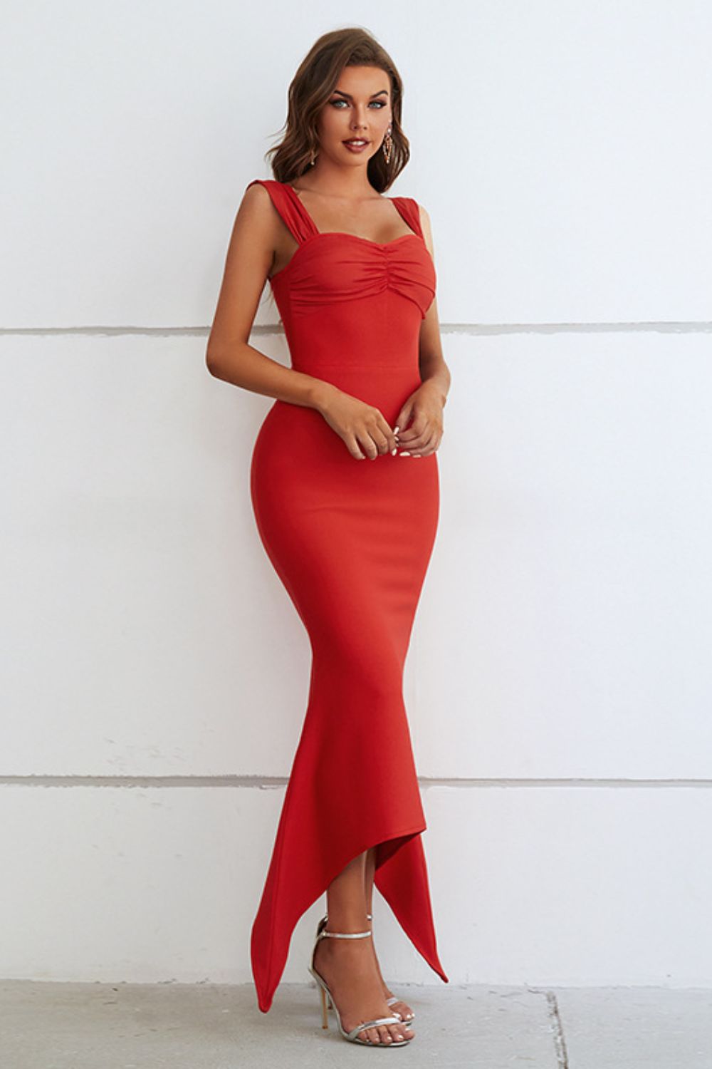 ruched sweetheart neck hem detail dress