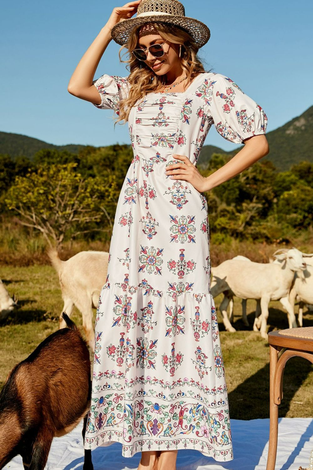 floral ruched puff sleeve tiered maxi dress