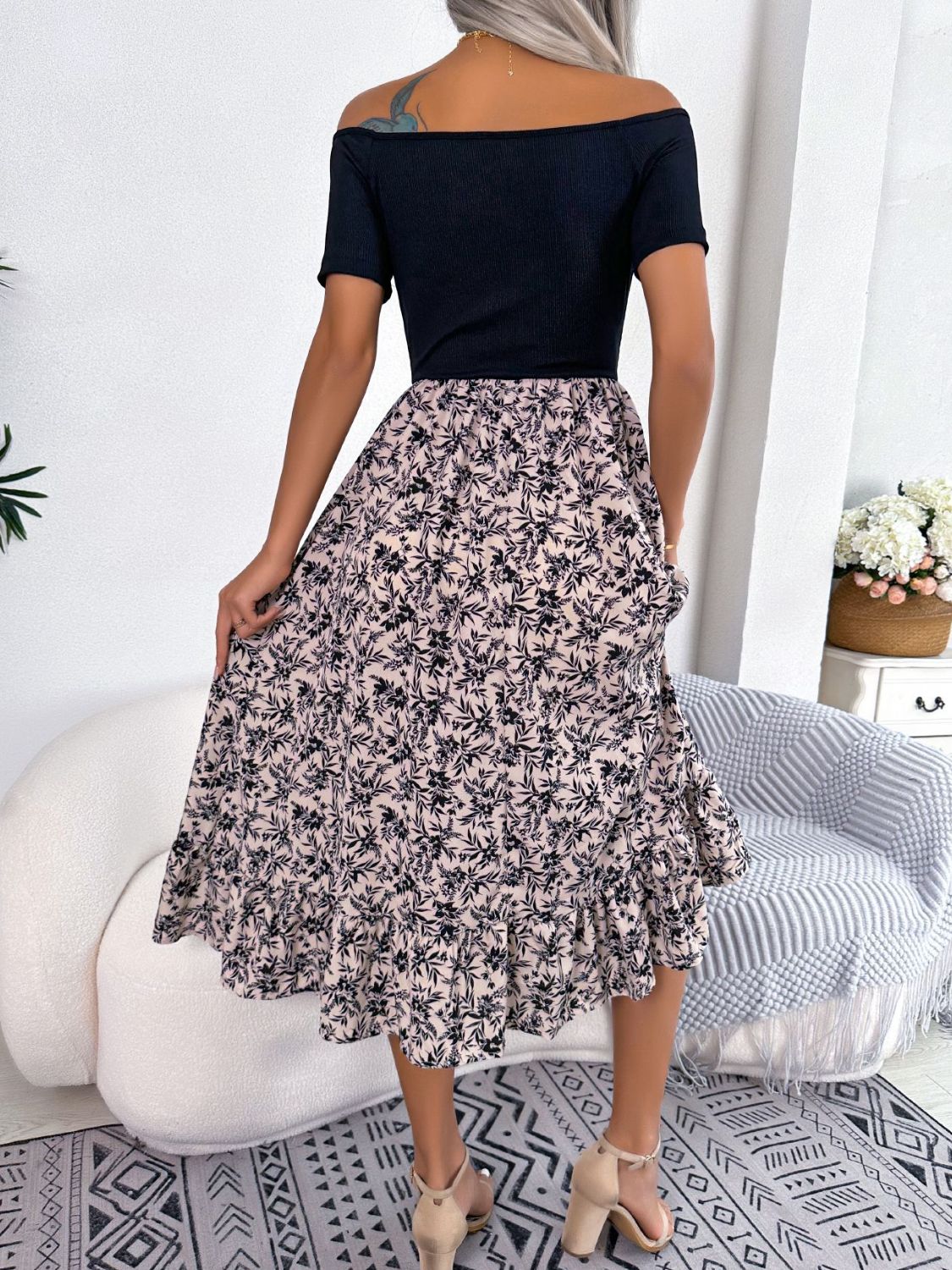 printed off-shoulder ruffle hem dress