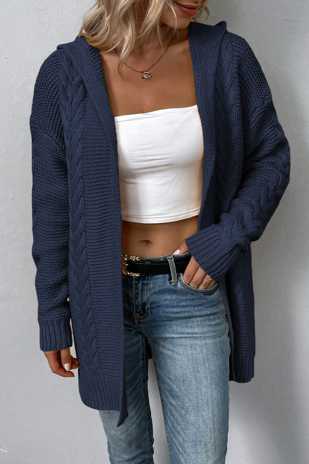 cable-knit dropped shoulder hooded cardigan