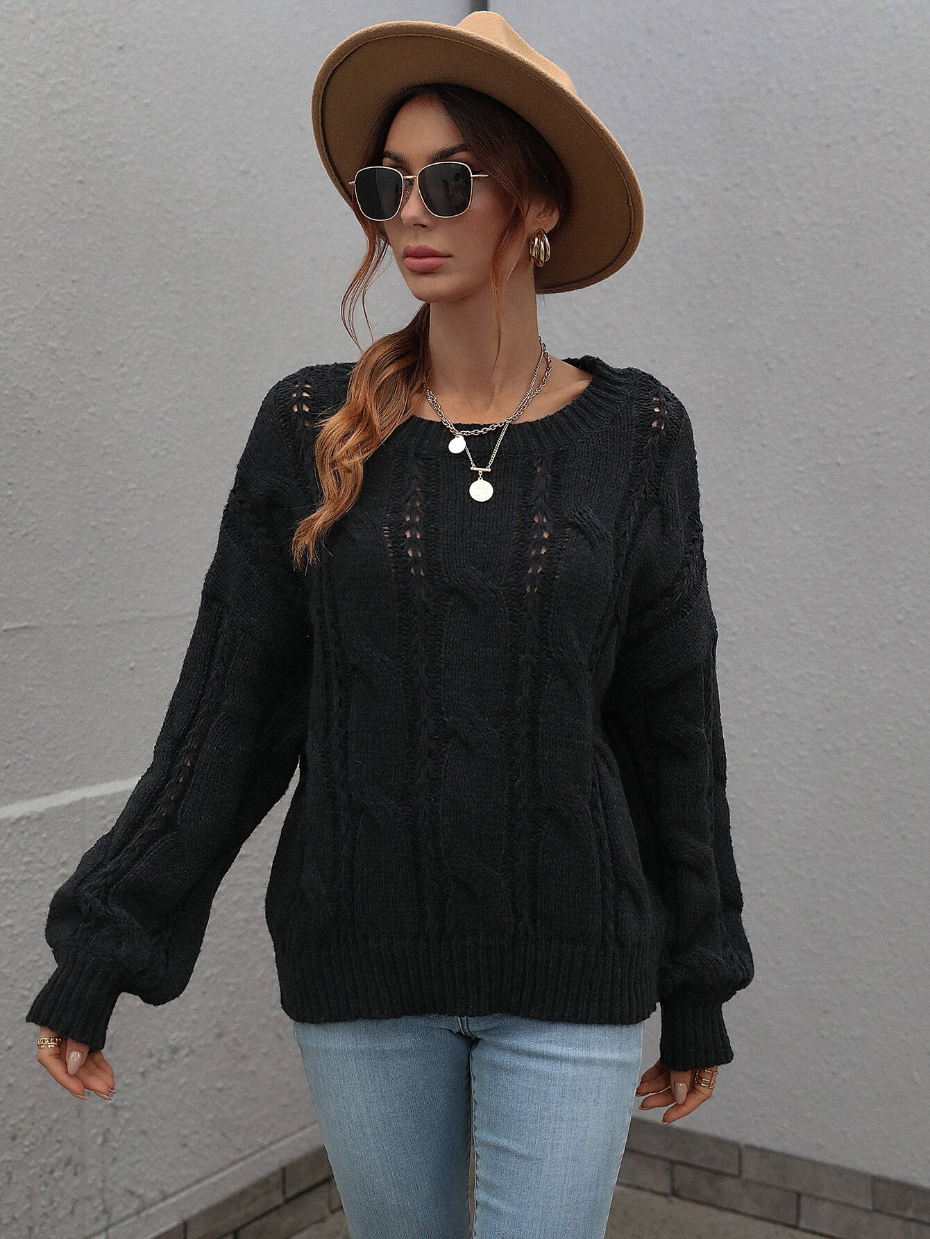 woven right cable-knit openwork round neck sweater