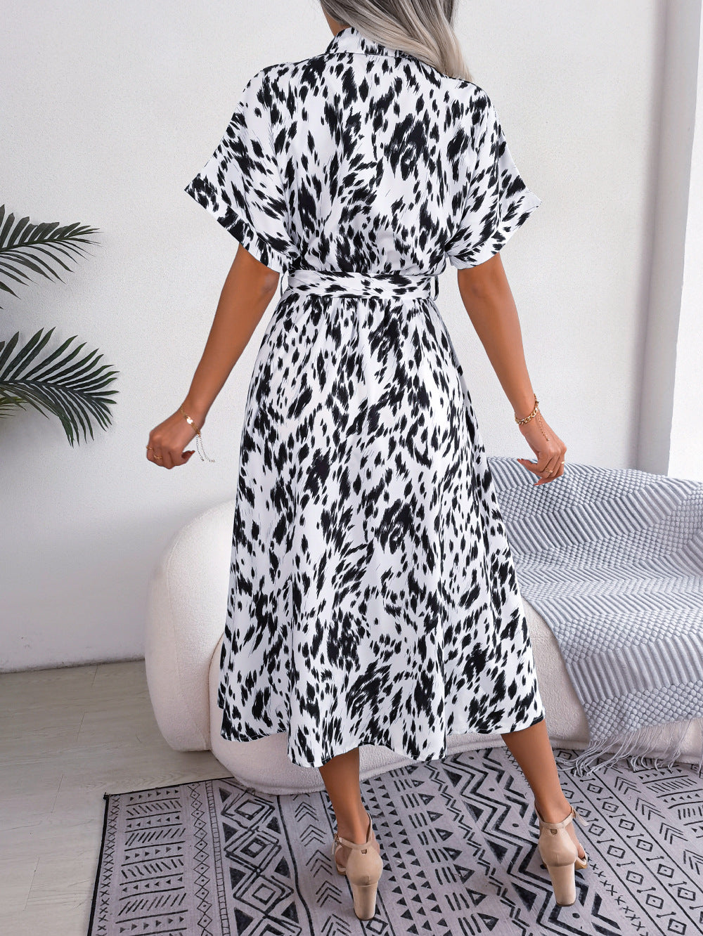 printed collared neck short sleeve tie waist dress