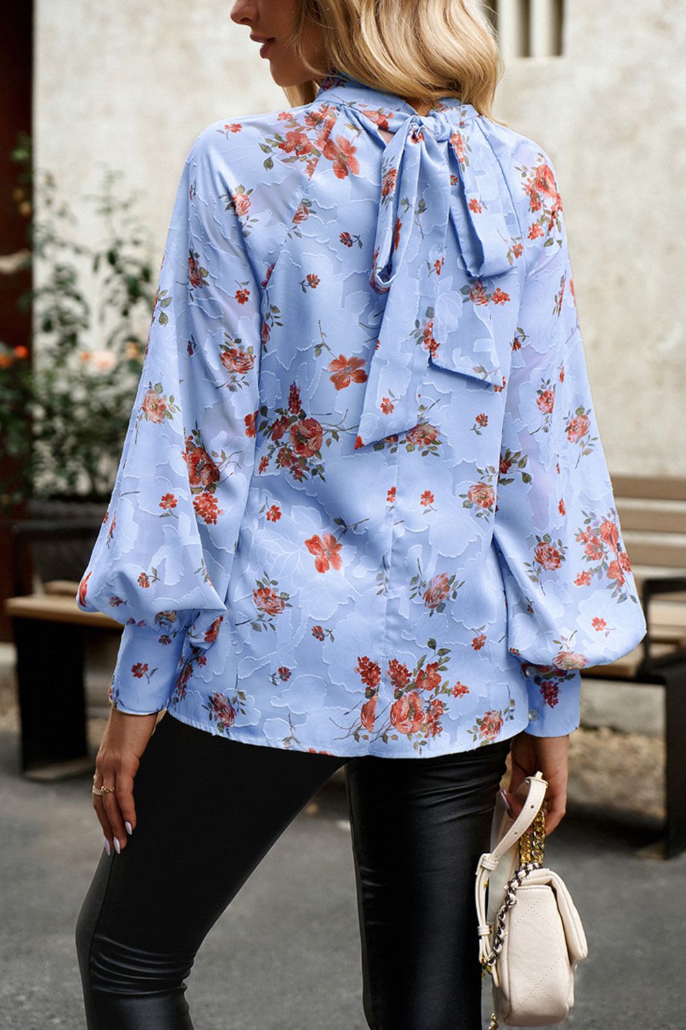 floral print mock neck lantern sleeve blouse