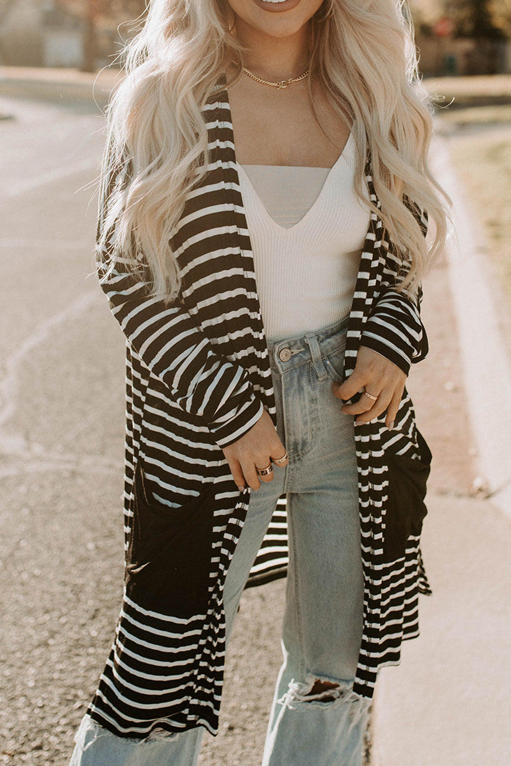 striped long sleeve cardigan with pocket