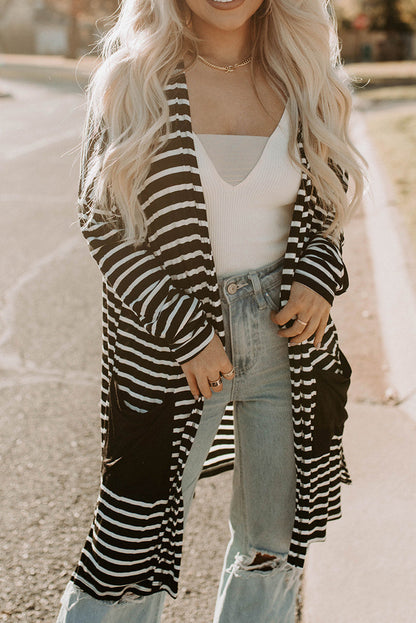 Striped Long Sleeve Cardigan with Pocket