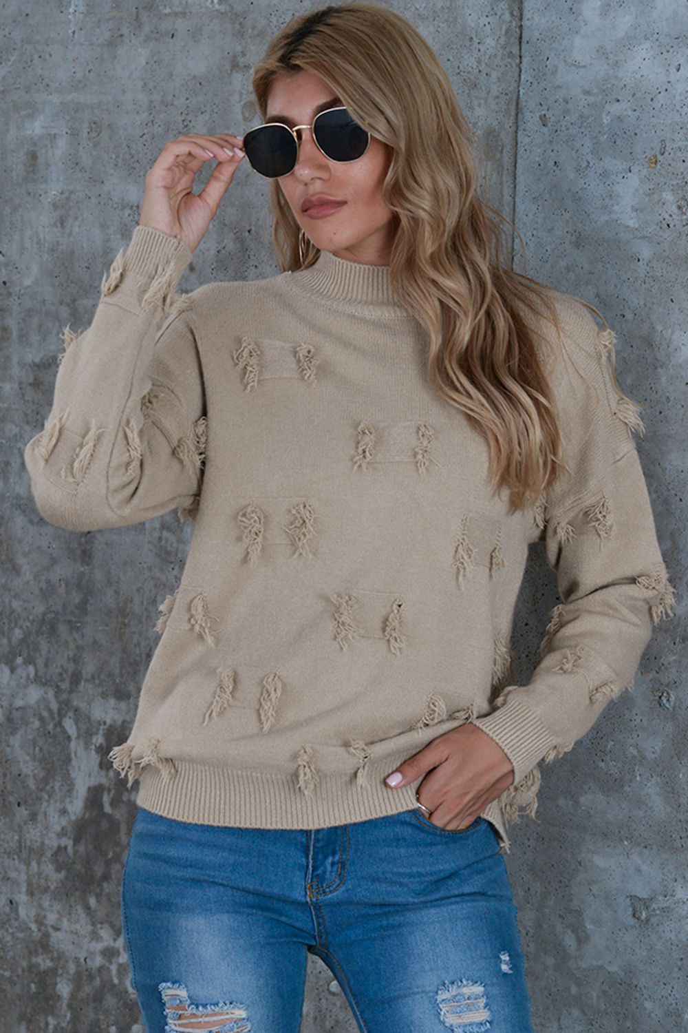 mock neck frayed trim sweater