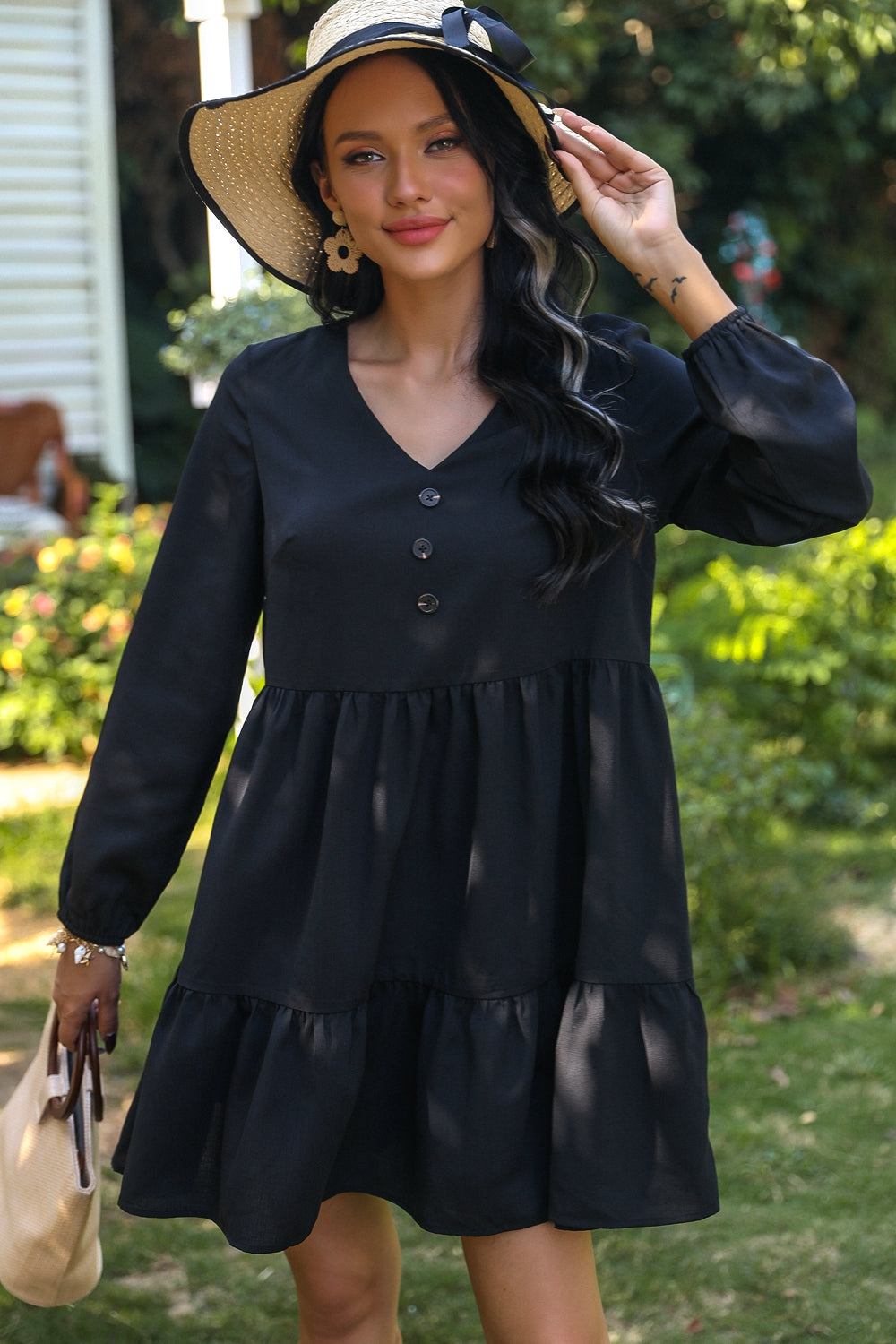 v-neck buttoned long sleeve dress