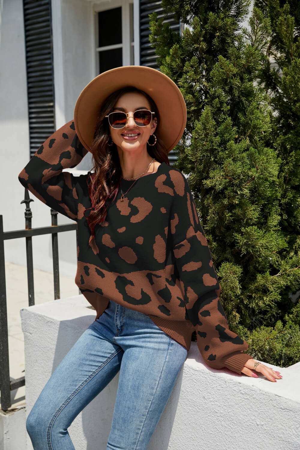 woven right leopard ribbed trim dropped shoulder sweater