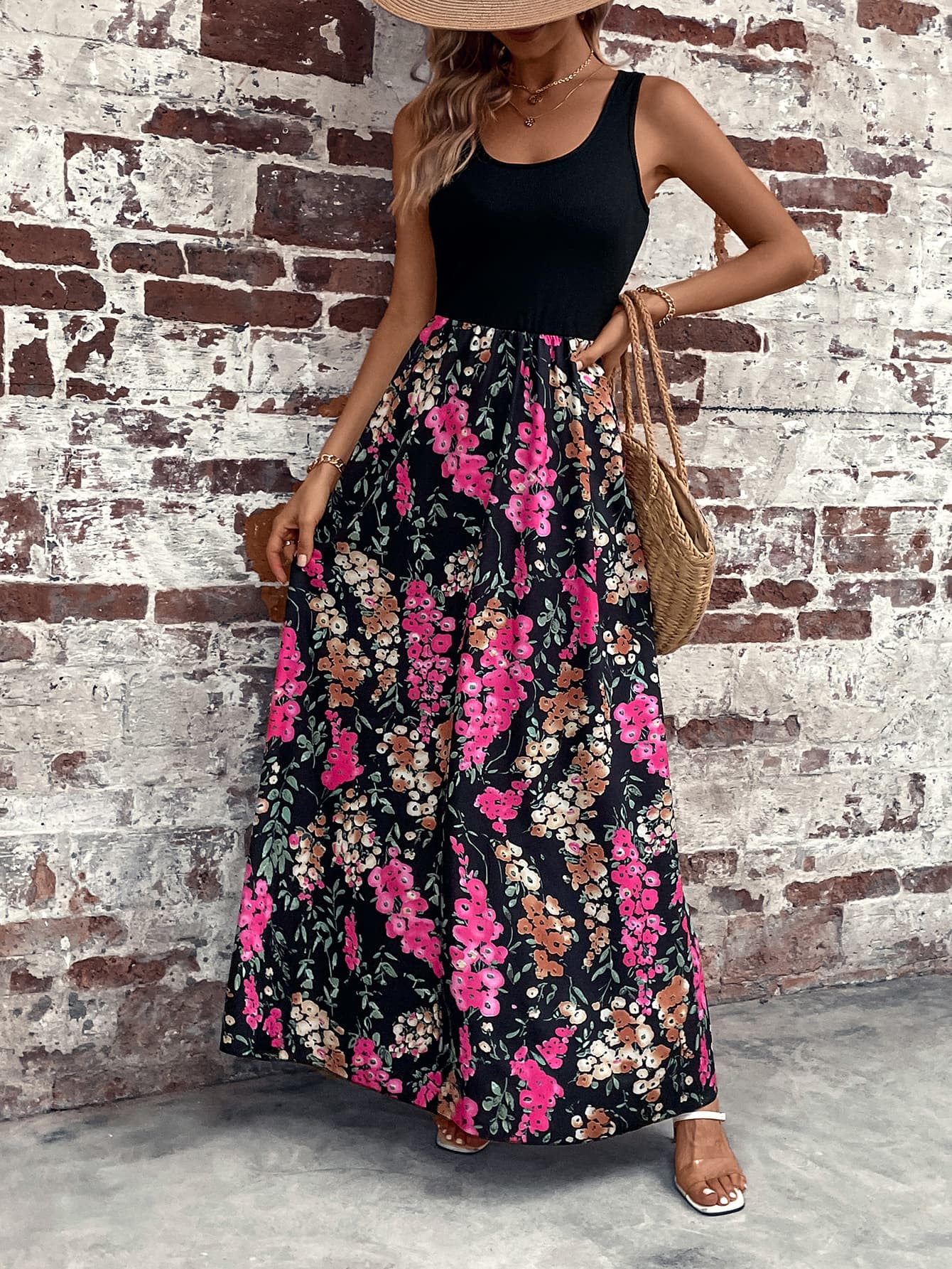 floral scoop neck sleeveless maxi dress