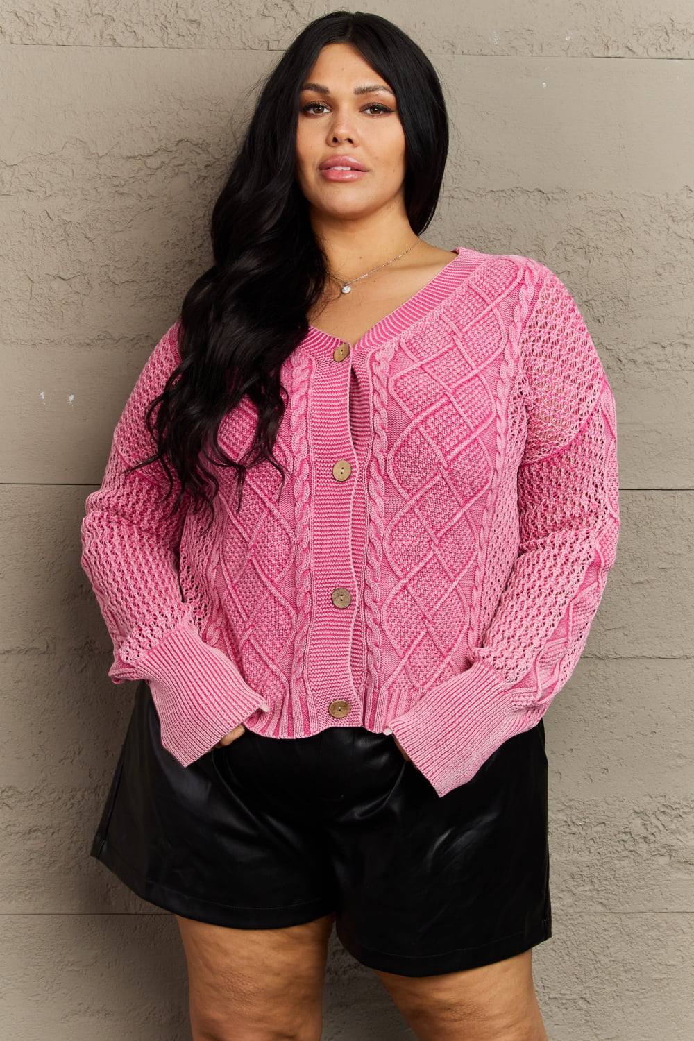 heyson soft focus full size wash cable knit cardigan in fuchsia