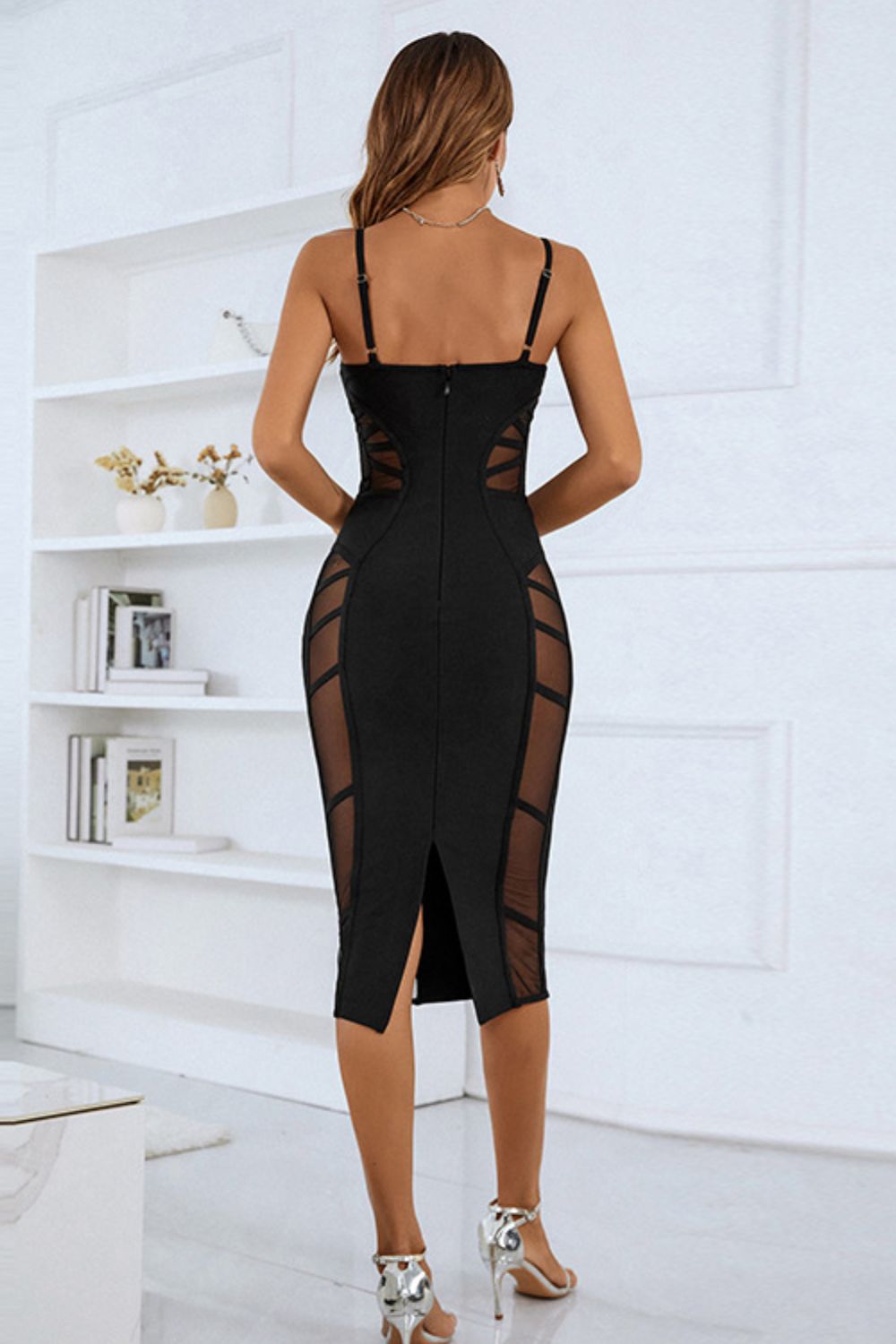 spaghetti strap spliced mesh slit back dress