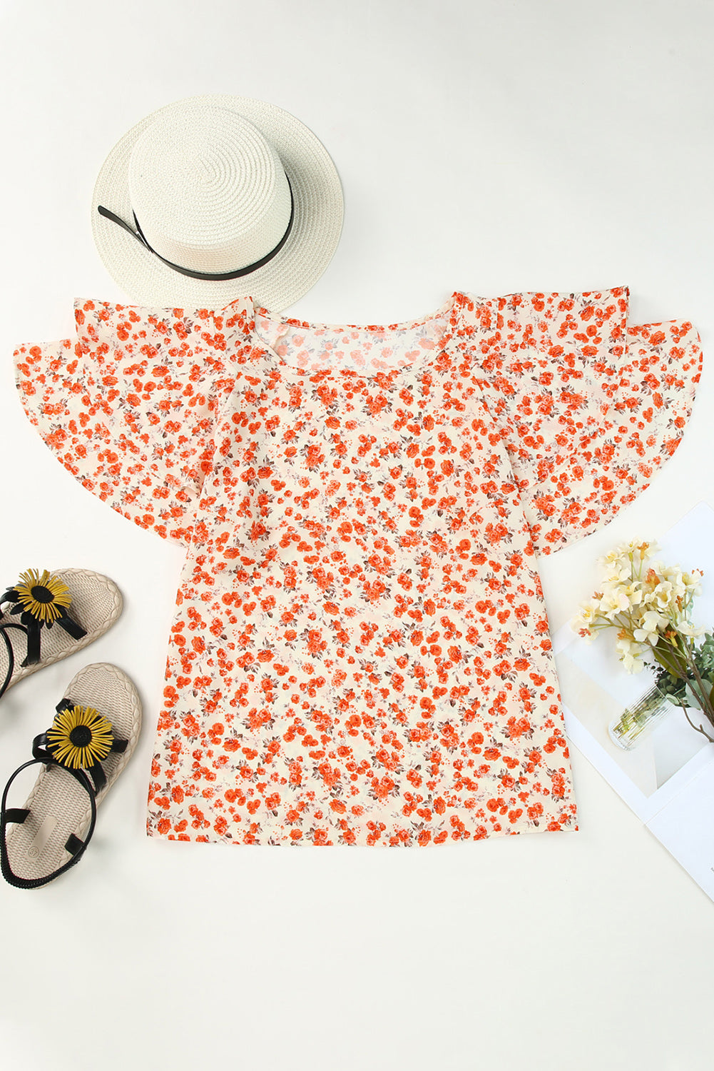 floral round neck flutter sleeve blouse