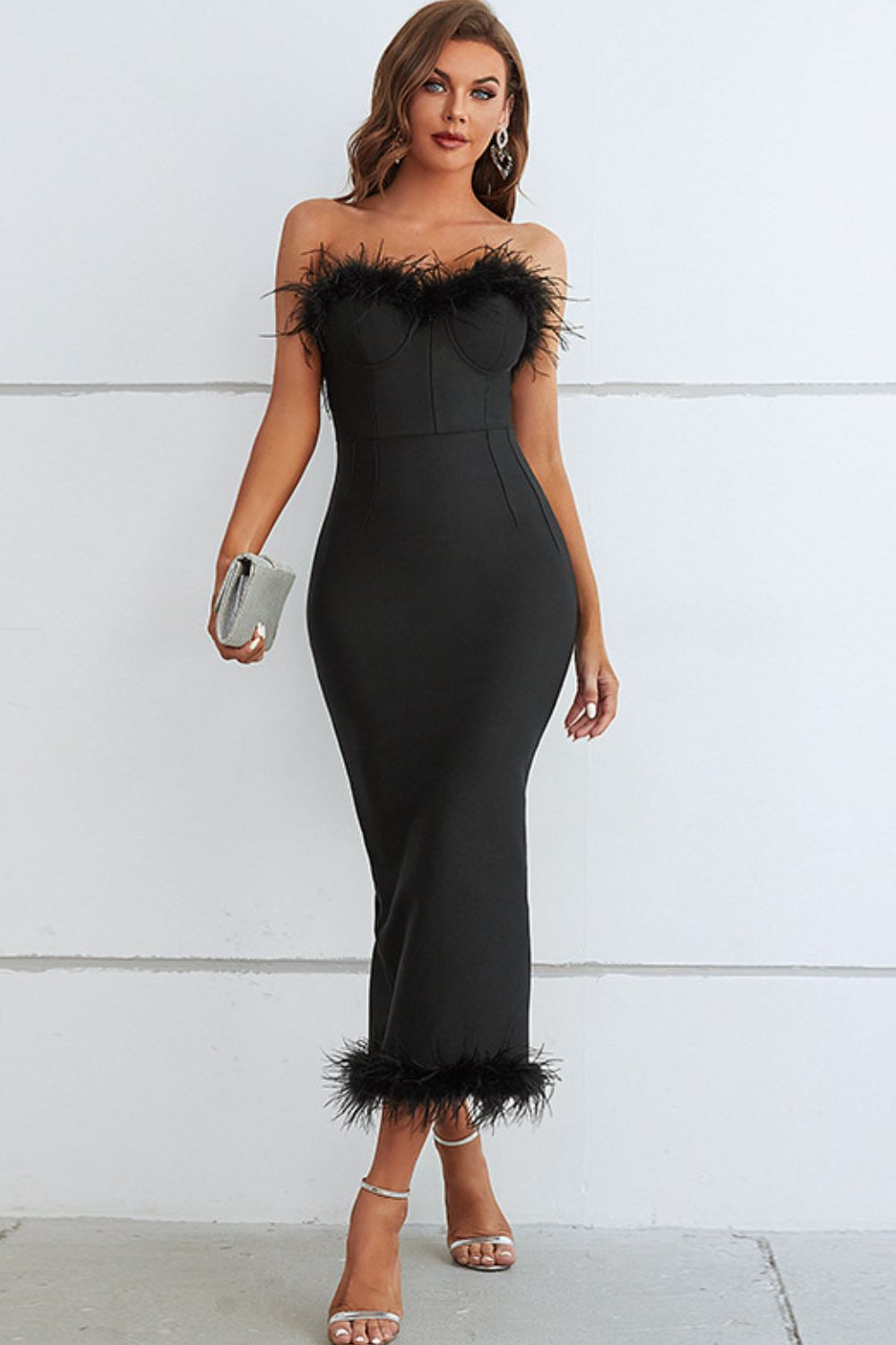 feather trim strapless sweetheart neck dress