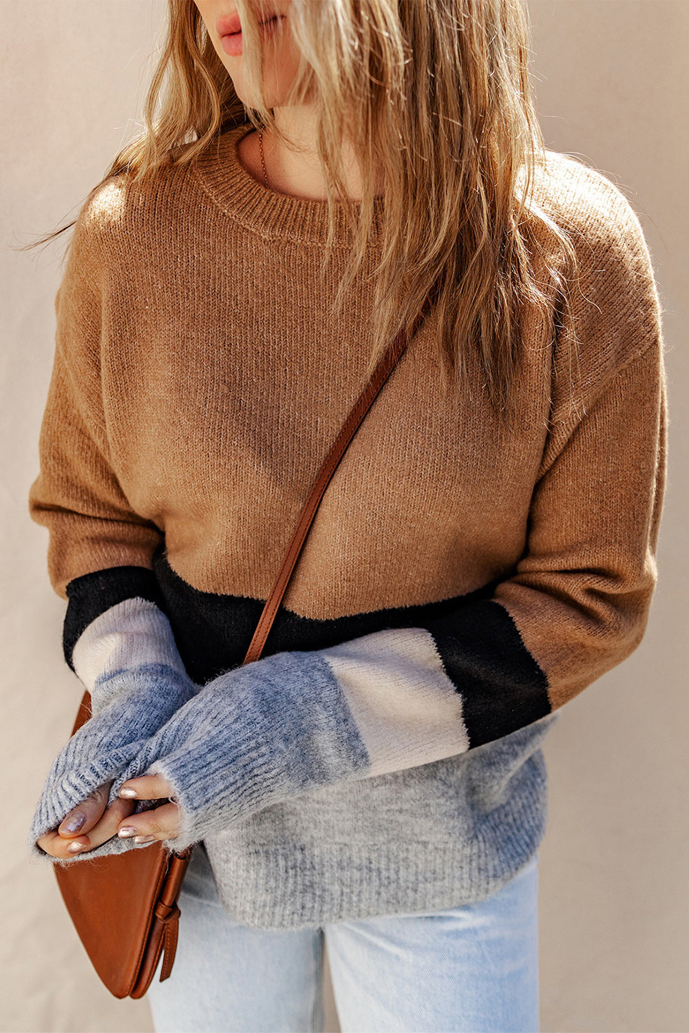 color block round neck sweater