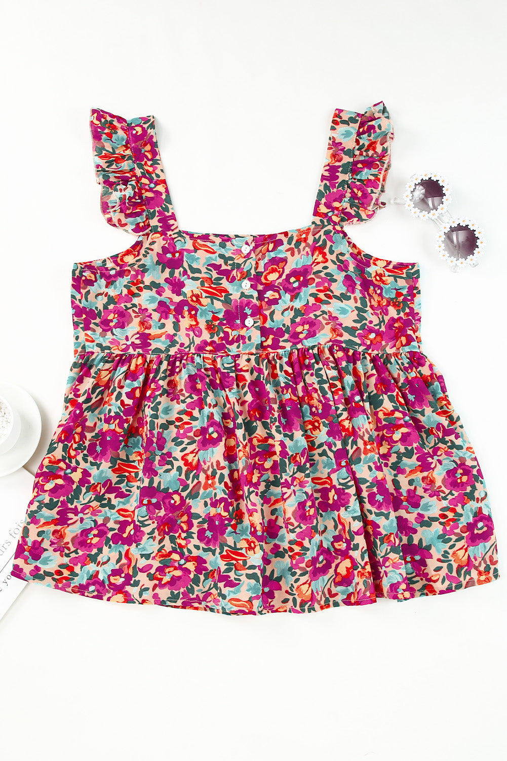 floral buttoned square neck ruffled tank