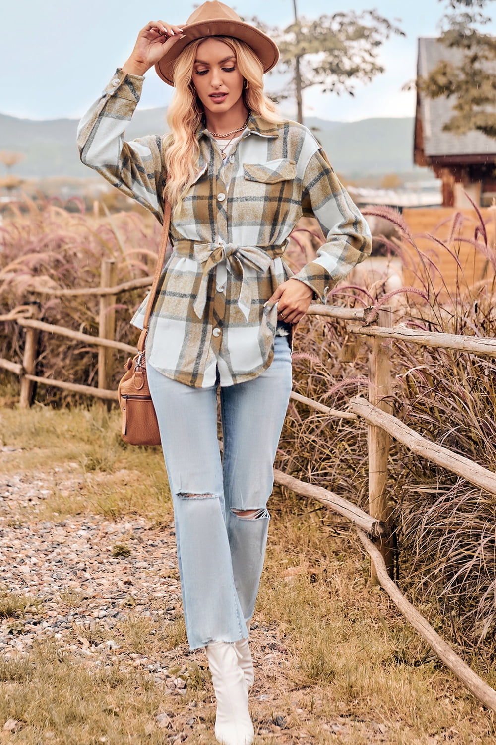 plaid collared neck bow front long sleeve jacket