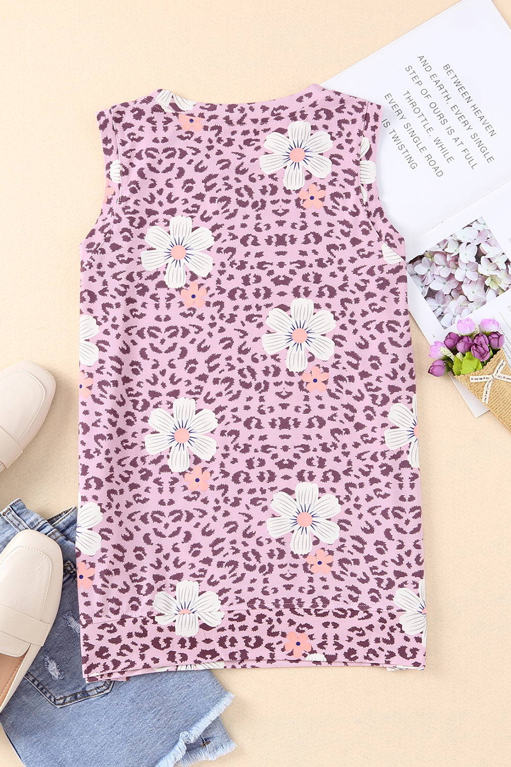 printed side slit round neck tank