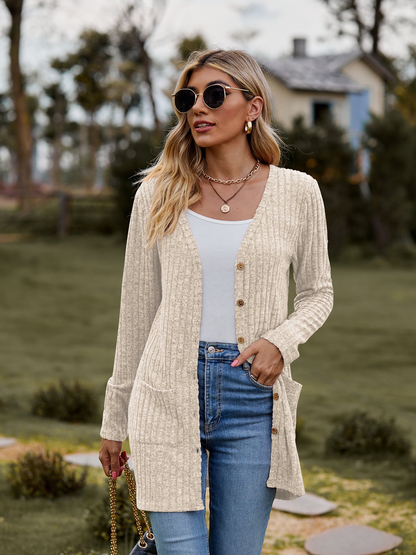ribbed button-up cardigan with pockets