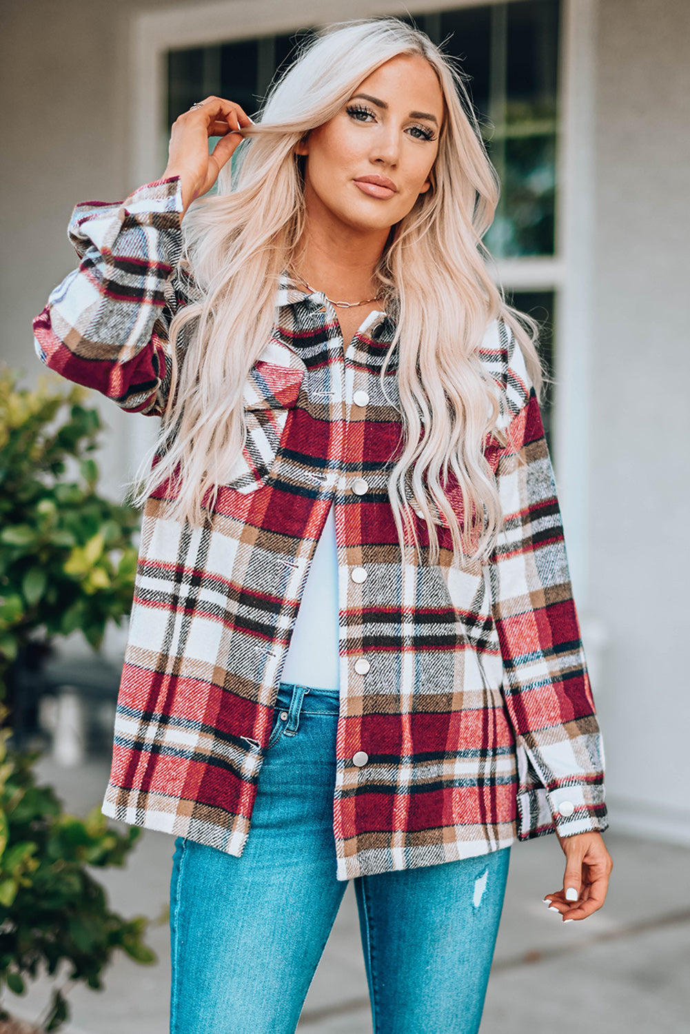 double take plaid button front shirt jacket with breast pockets