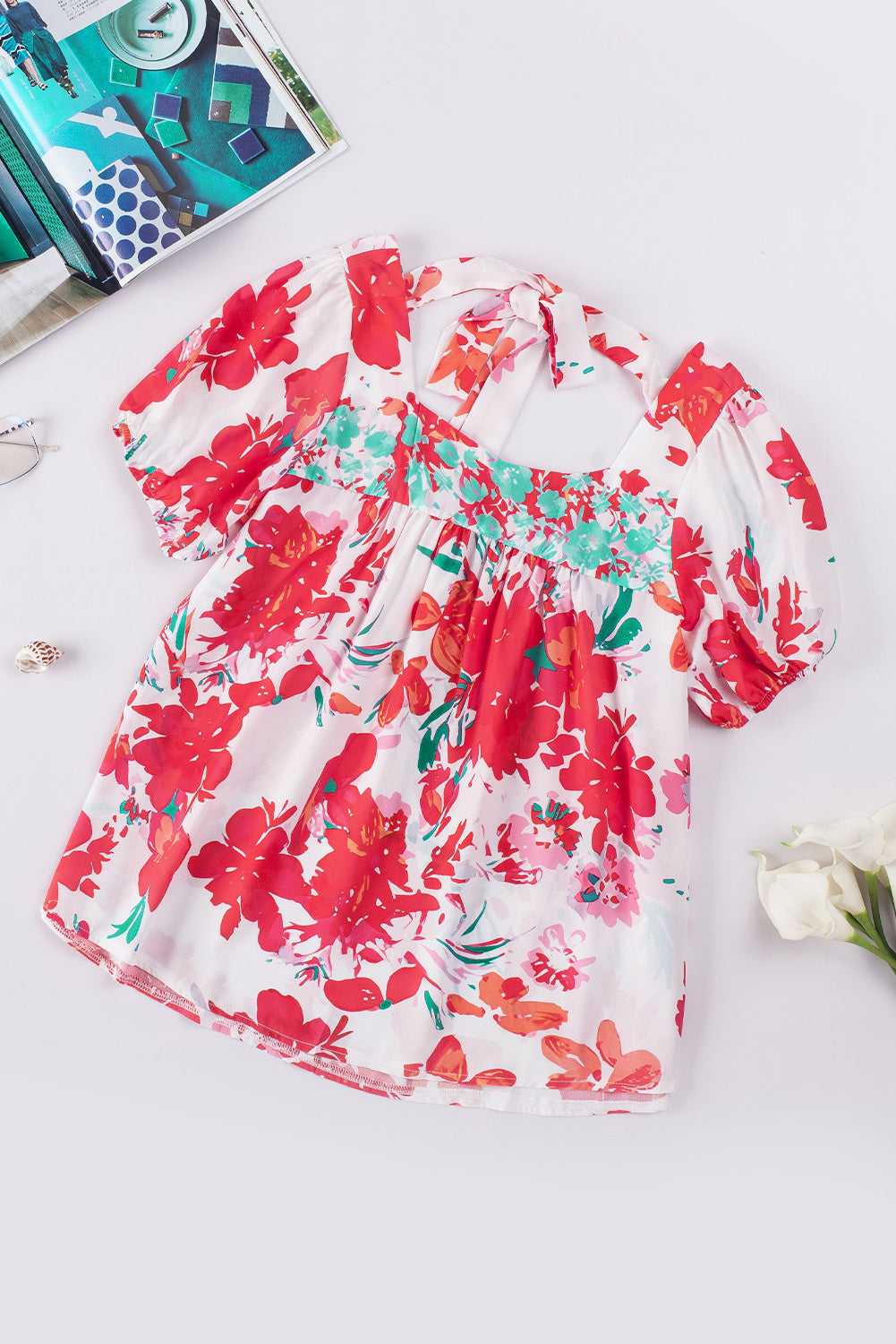 floral tie back square neck blouse