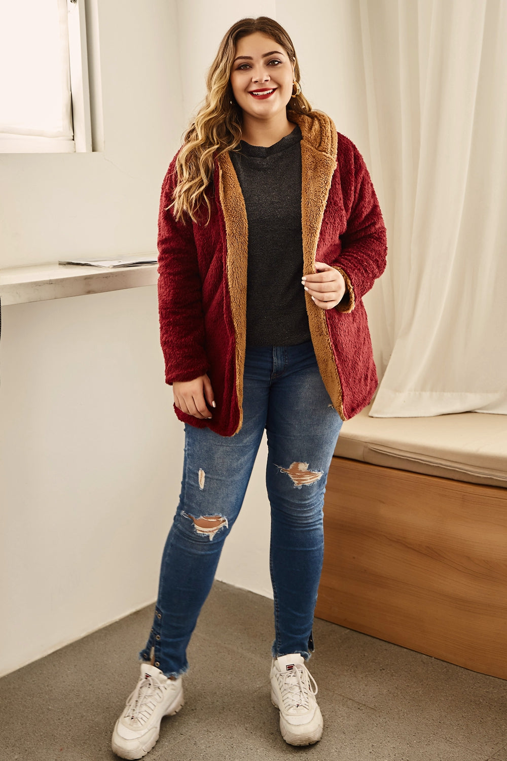 hanny plus size hooded longline teddy jacket