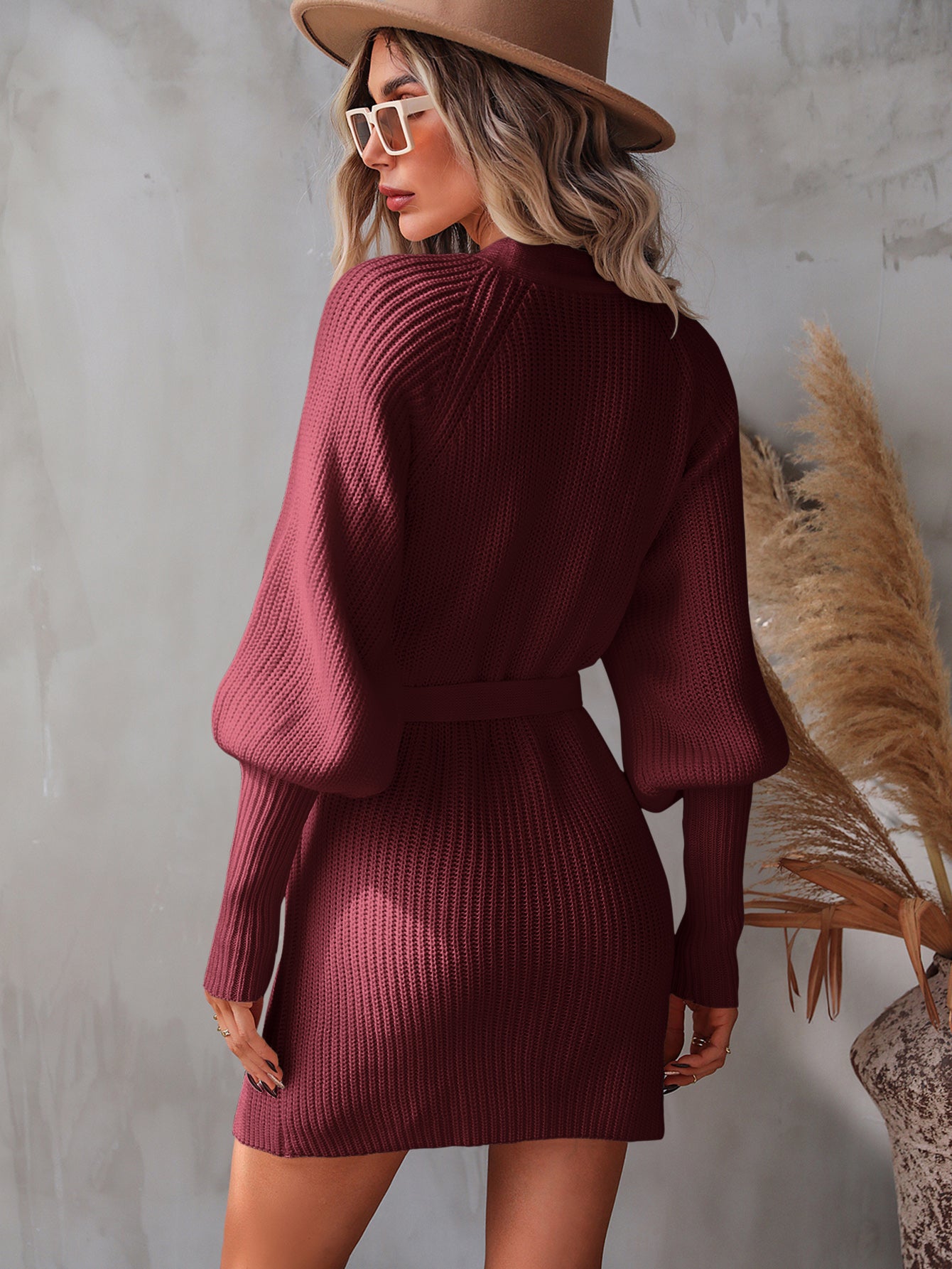 belted surplice lantern sleeve wrap sweater dress