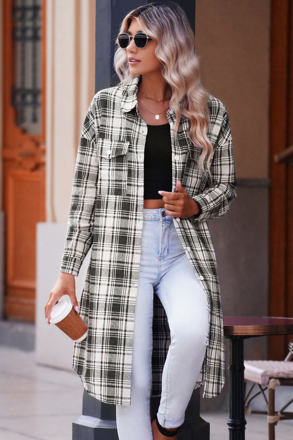 double take plaid button-up longline shacket with breast pockets