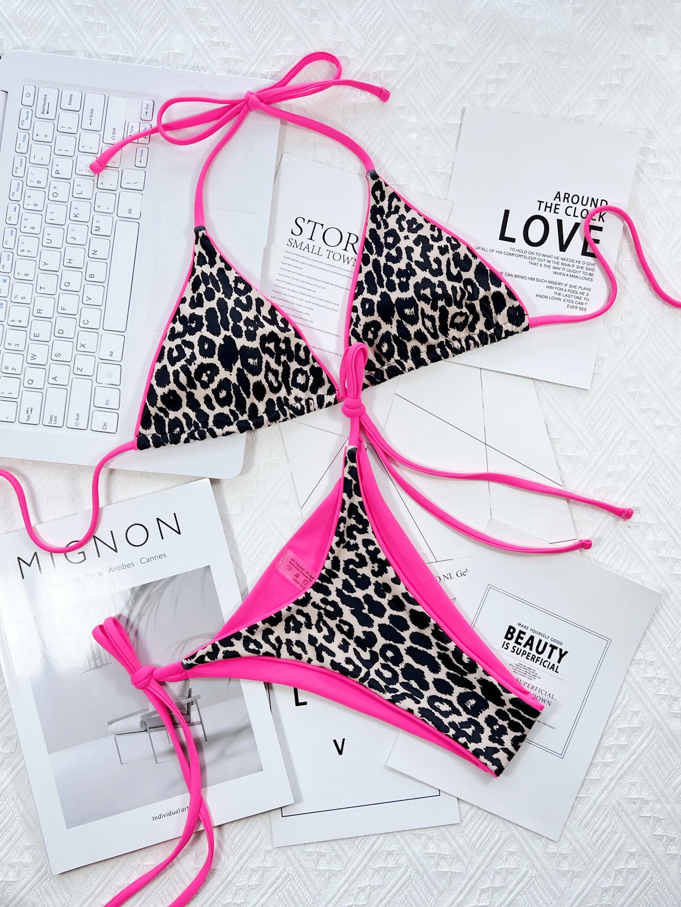 leopard print halter neck tie side bikini set