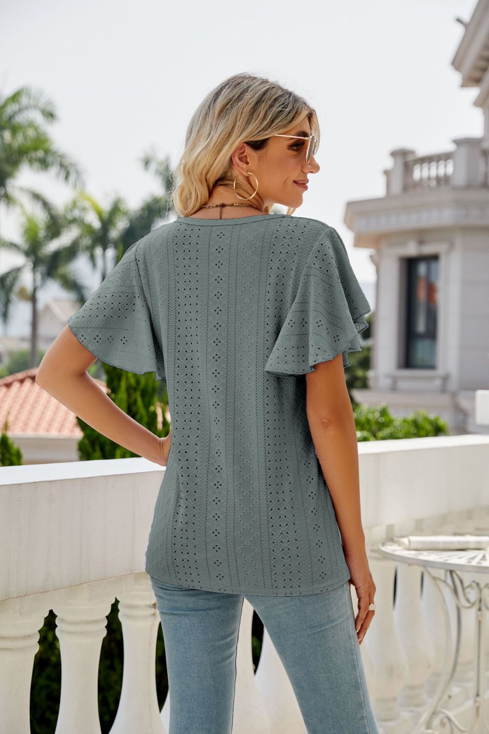 eyelet flutter sleeve round neck top