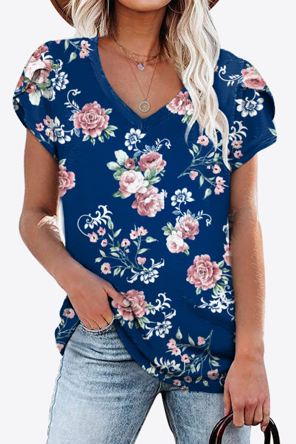 printed petal sleeve v-neck blouse