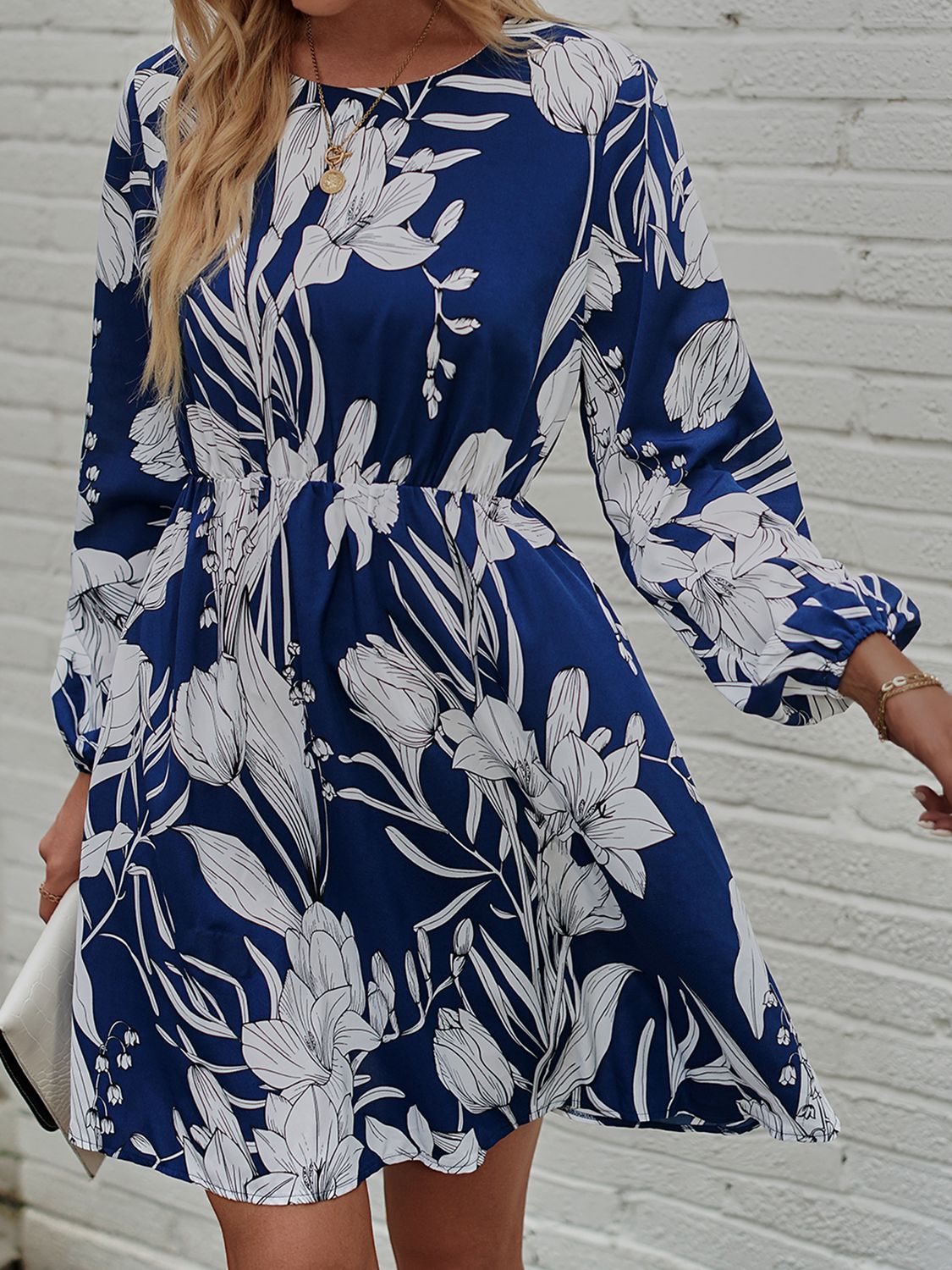 floral round neck long sleeve mini dress