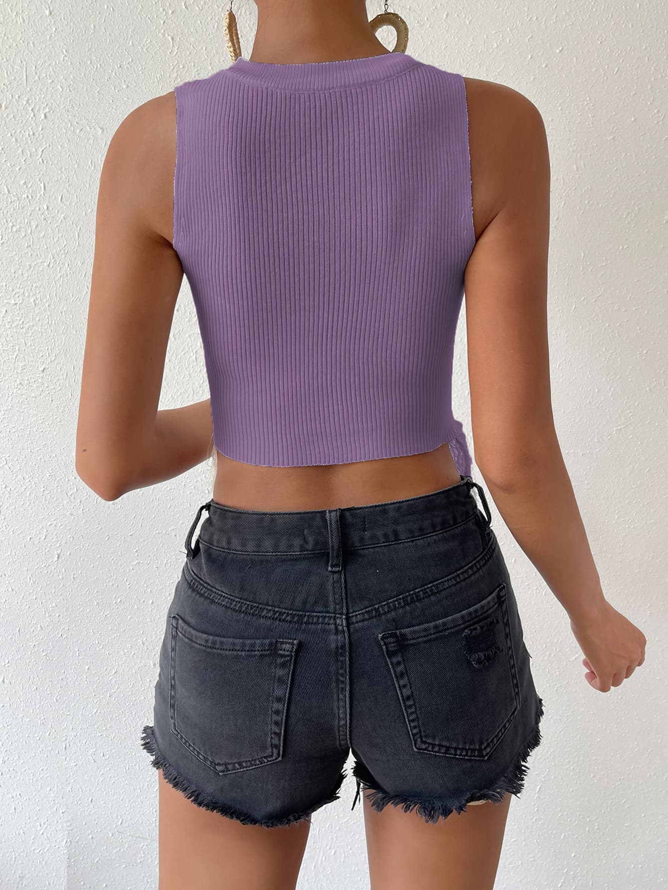 fringe hem round neck ribbed knit tank