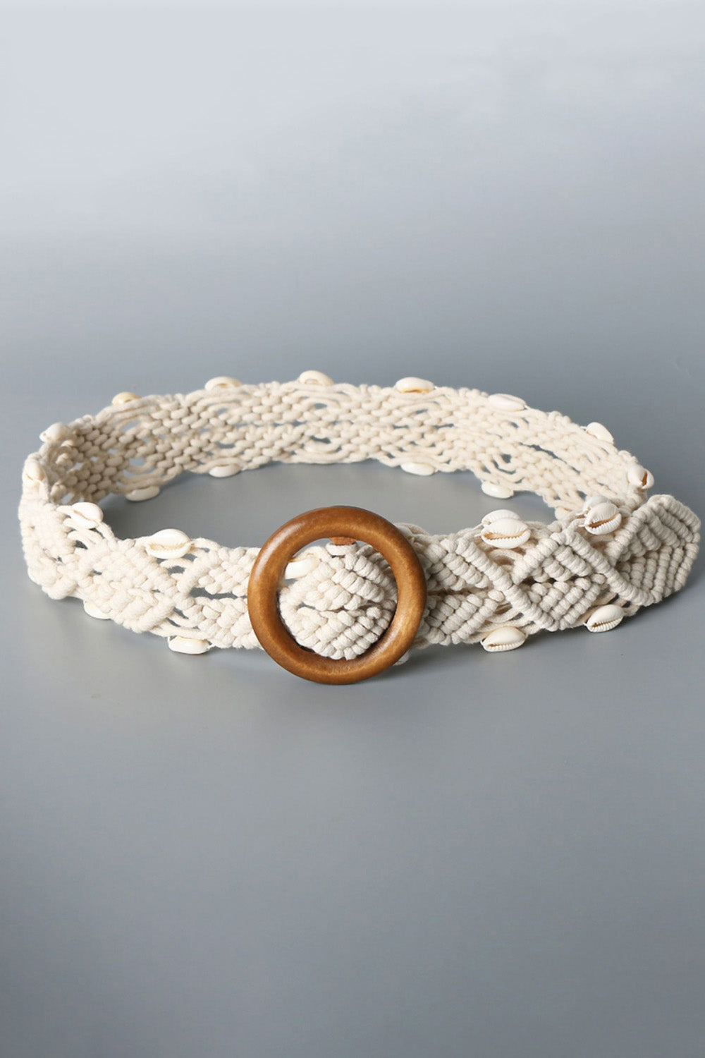 shell braid belt with wood buckle