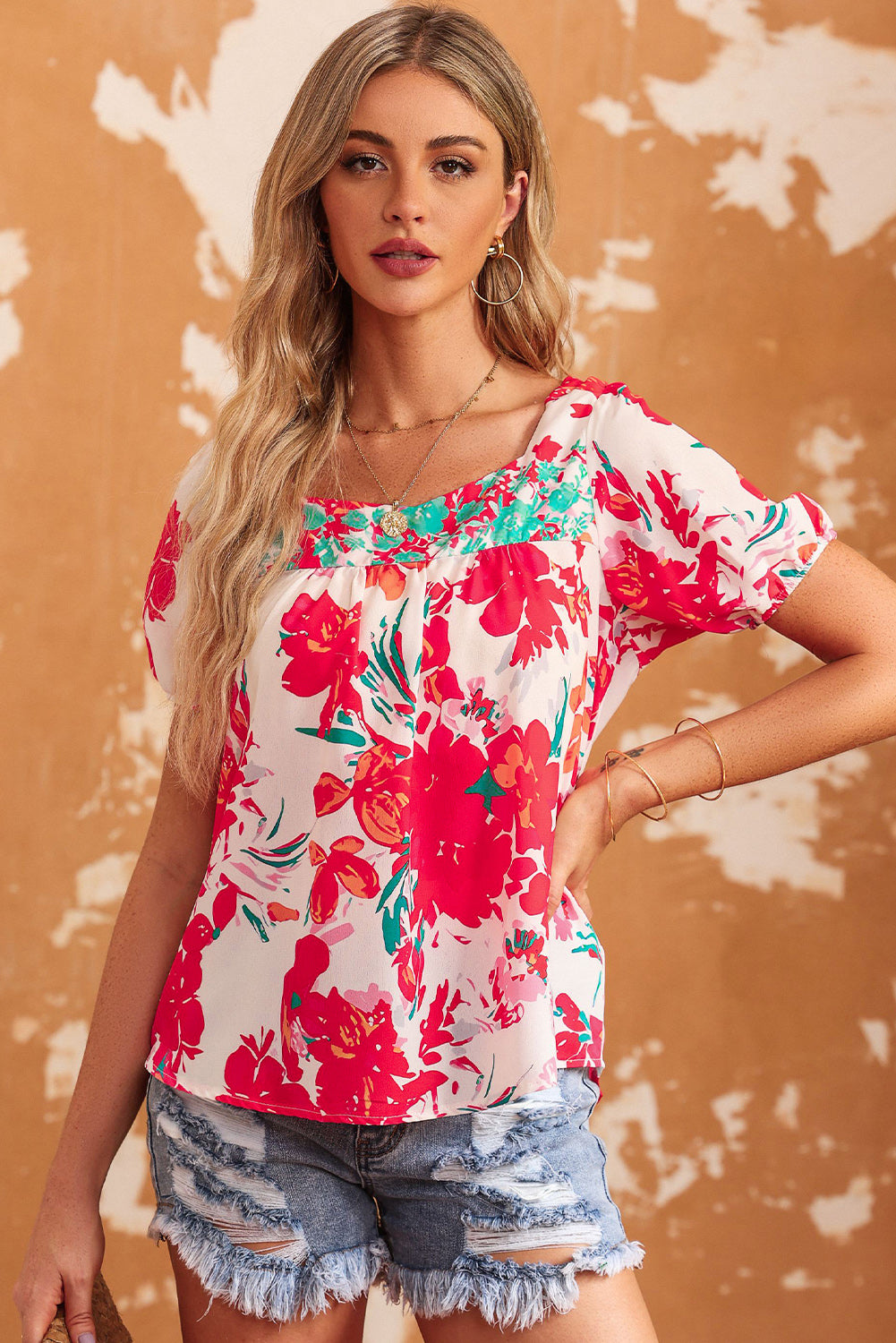 floral tie back square neck blouse