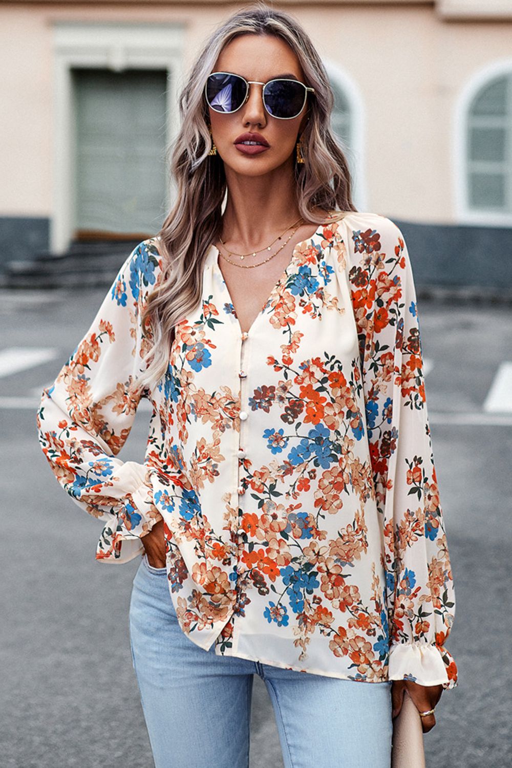 floral print flounce sleeve blouse