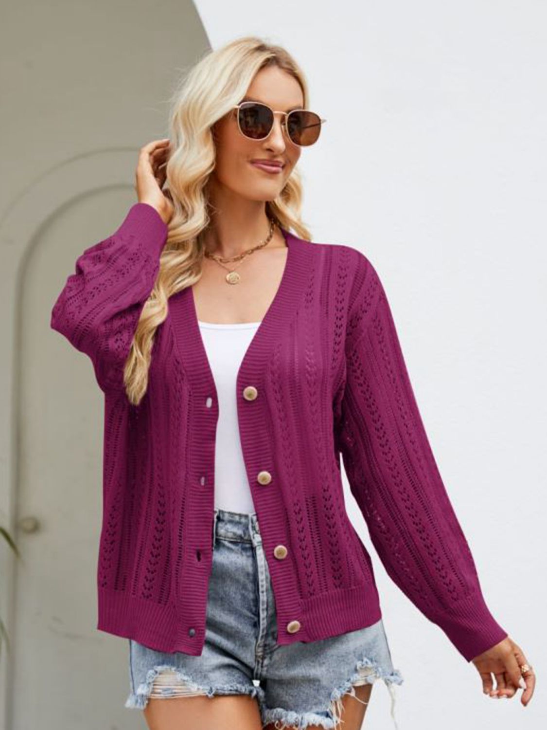 button down ribbed trim cardigan