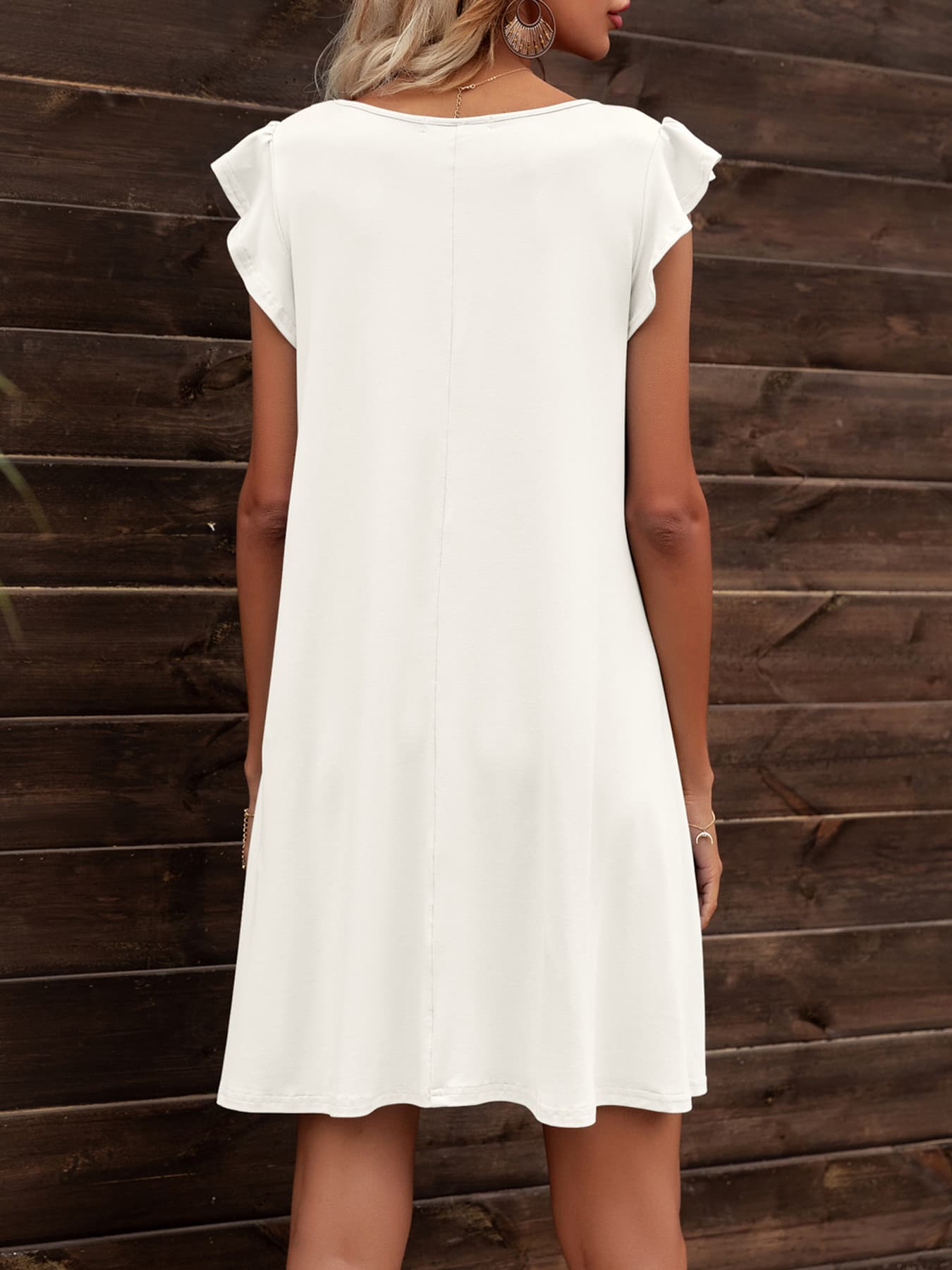 round neck flutter sleeve dress with pockets