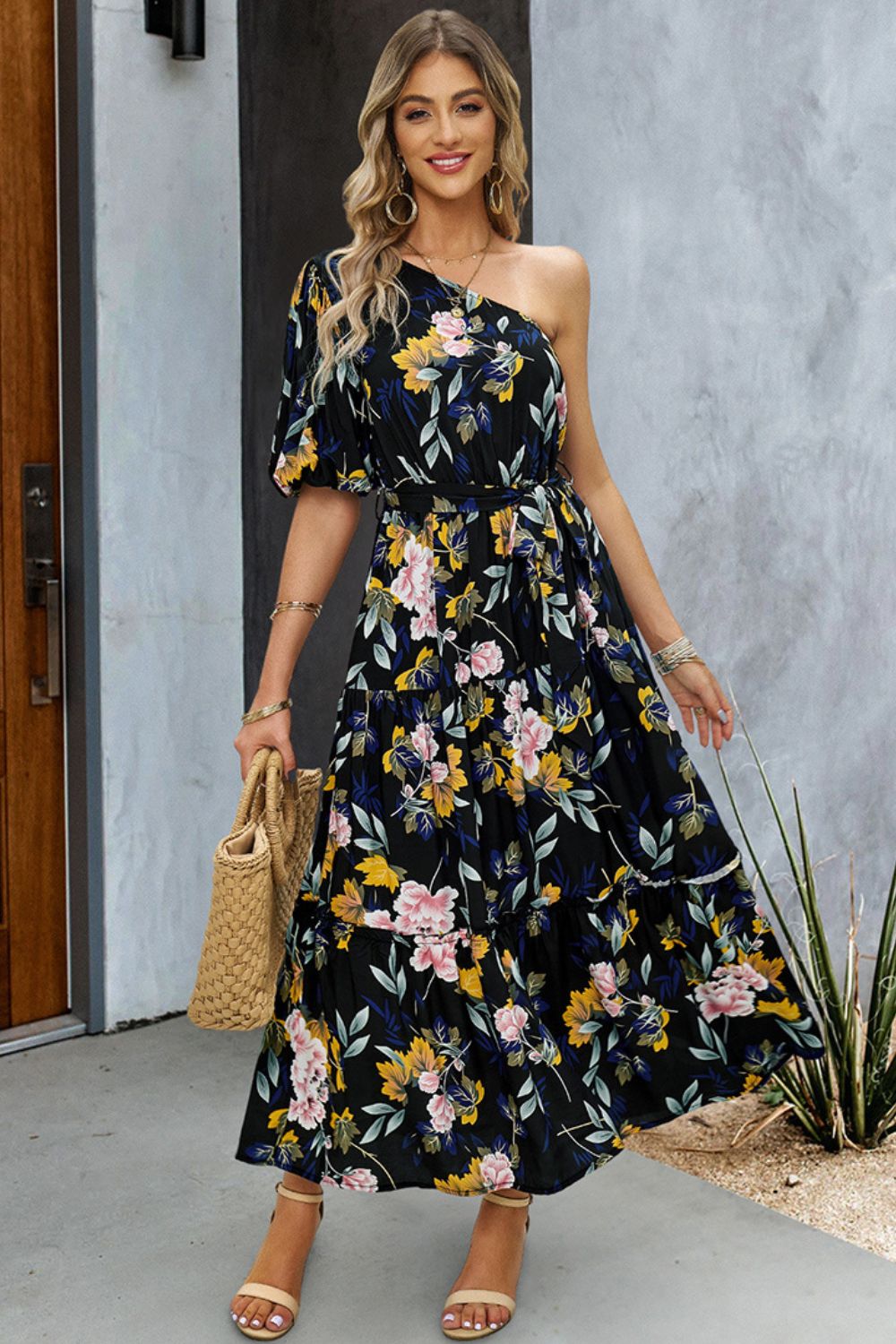 printed one-shoulder tie belt maxi dress