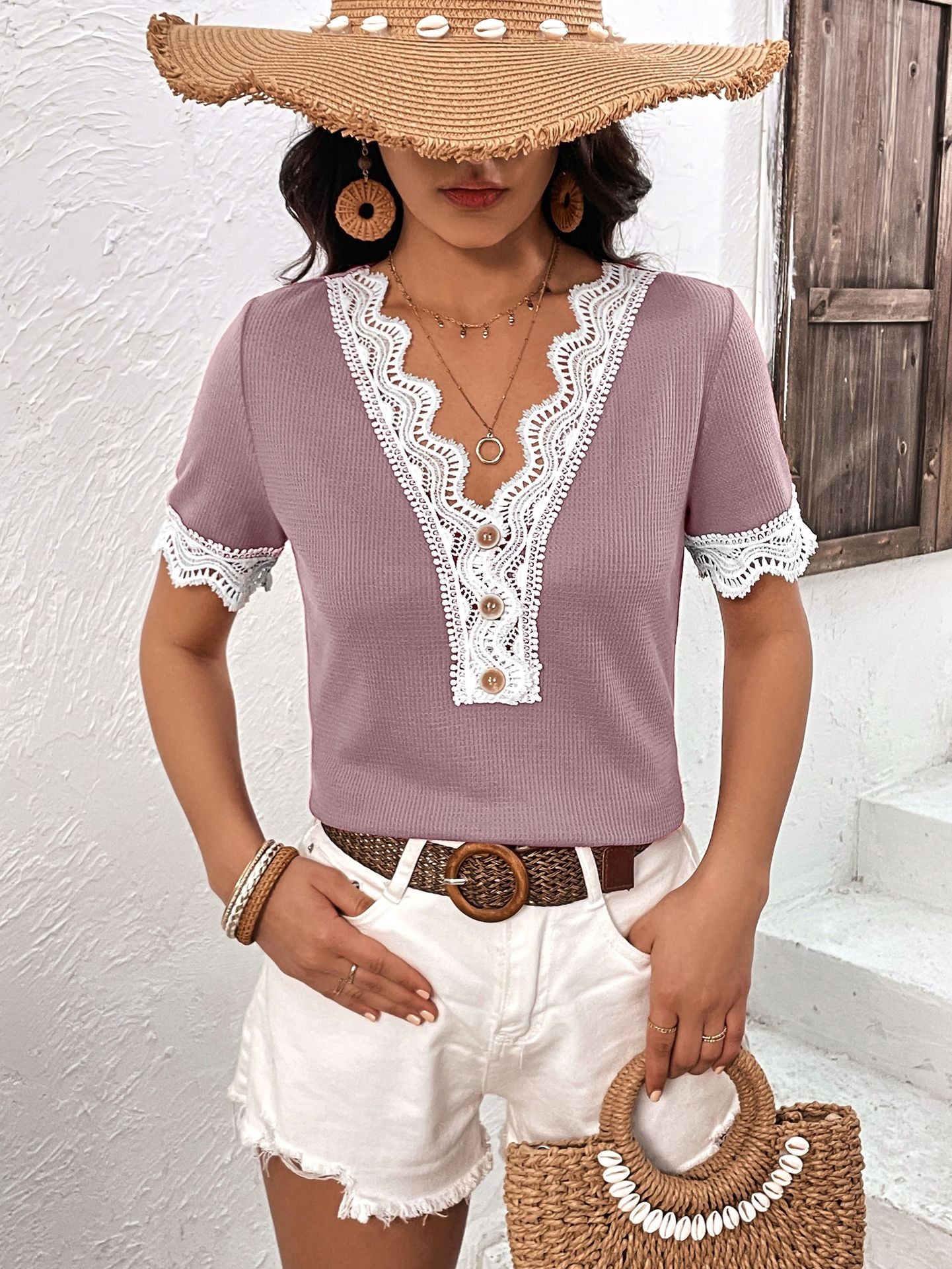 decorative button spliced lace short sleeve top