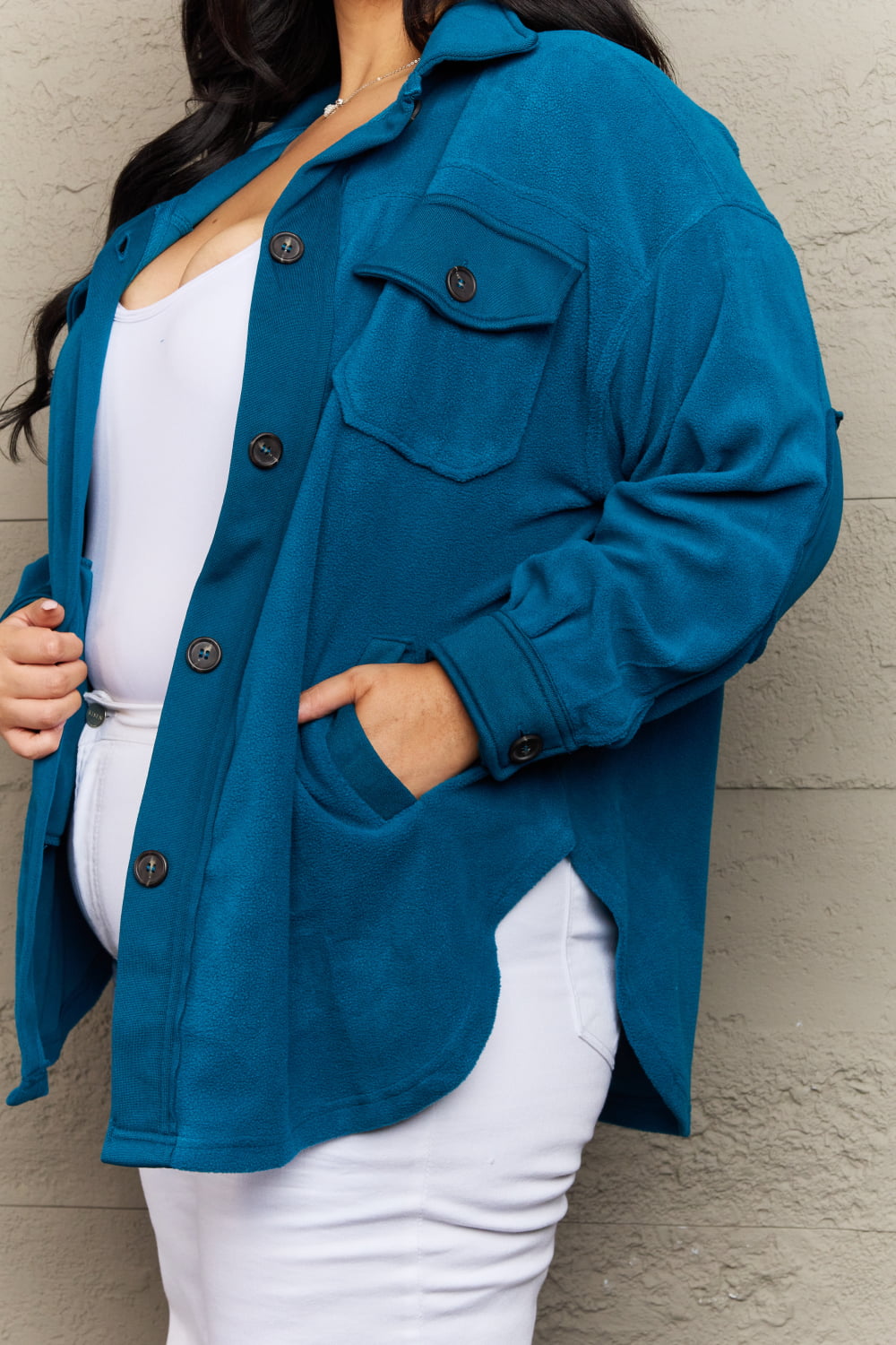 zenana cozy in the cabin full size fleece elbow patch shacket in teal