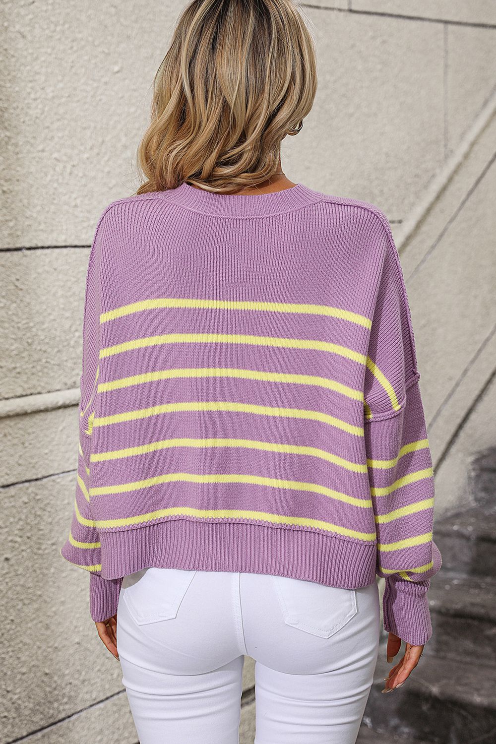 striped dropped shoulder round neck pullover sweater