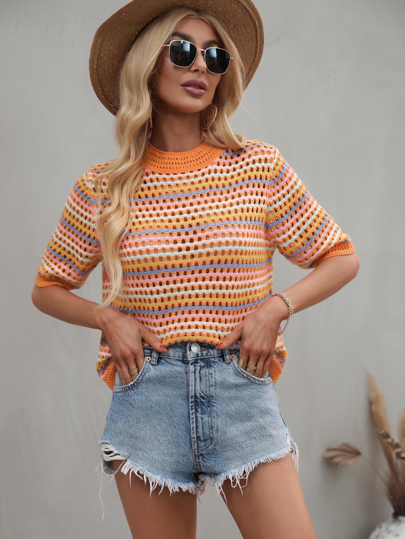 striped openwork half sleeve knit top