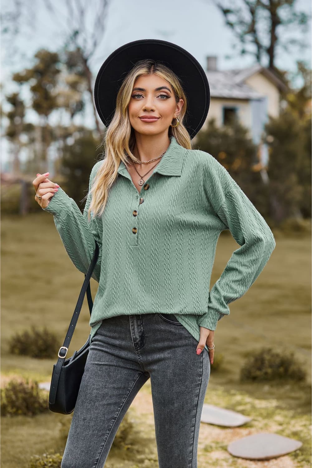 collared neck long sleeve blouse