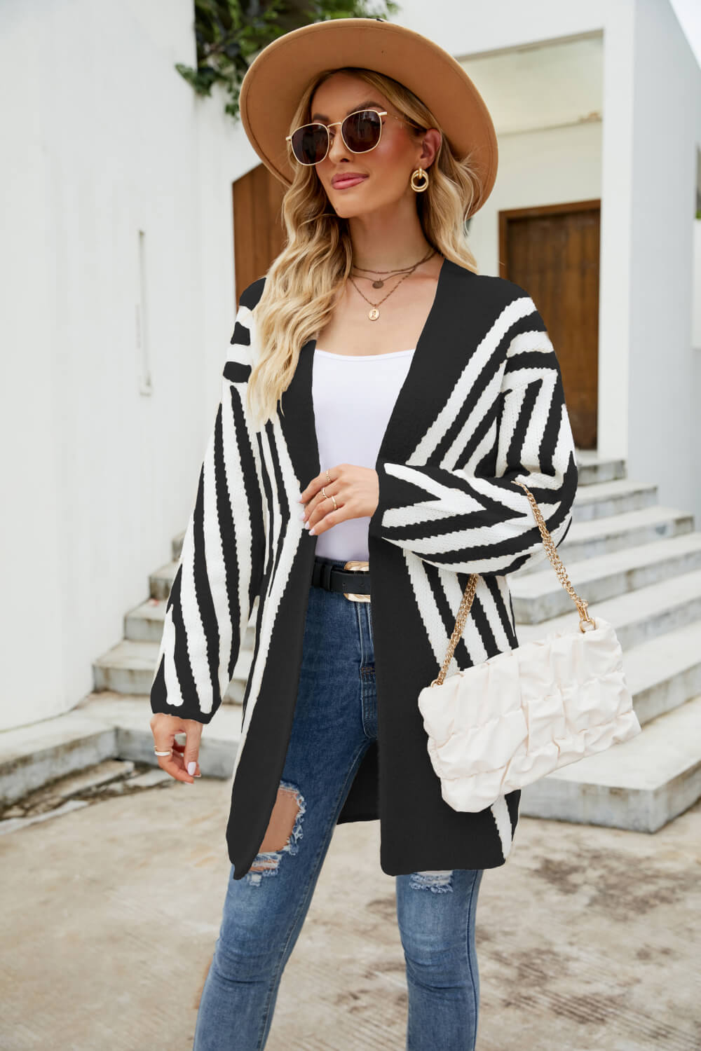 woven right two-tone open front fuzzy longline cardigan