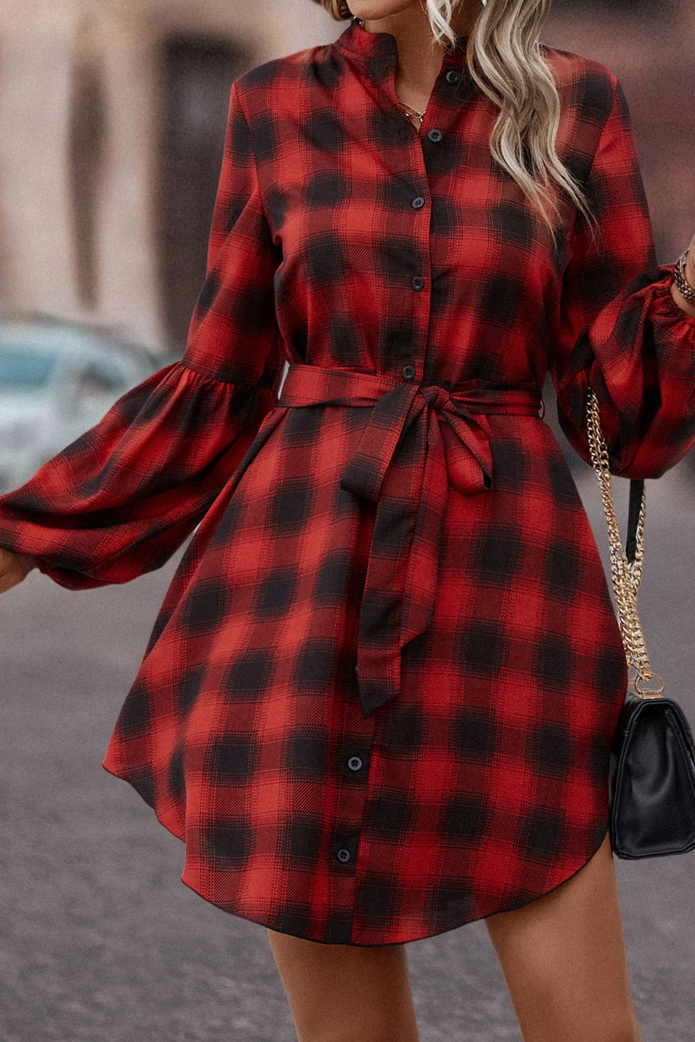 plaid tie waist balloon sleeve mini dress