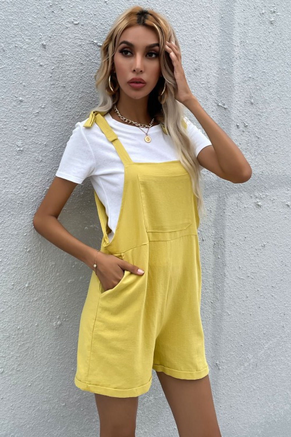 tie cuffed short overalls with pockets