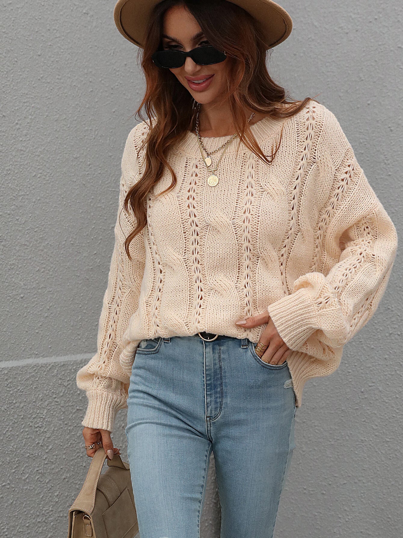 woven right cable-knit openwork round neck sweater