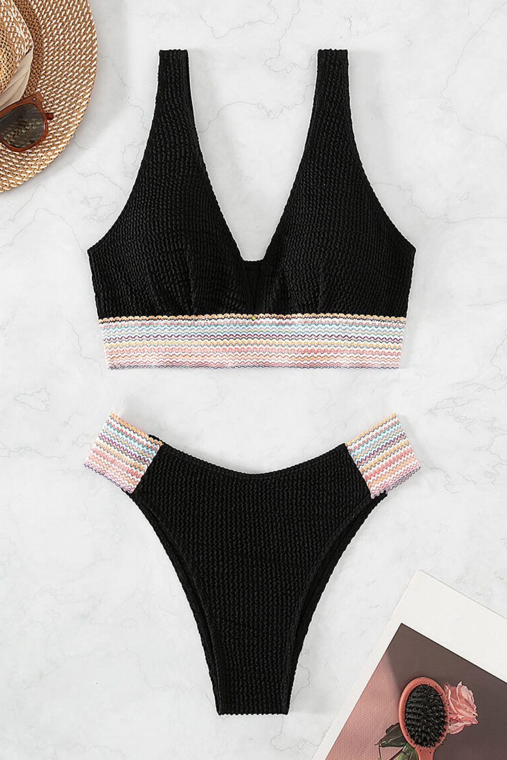 contrast textured high cut swim set