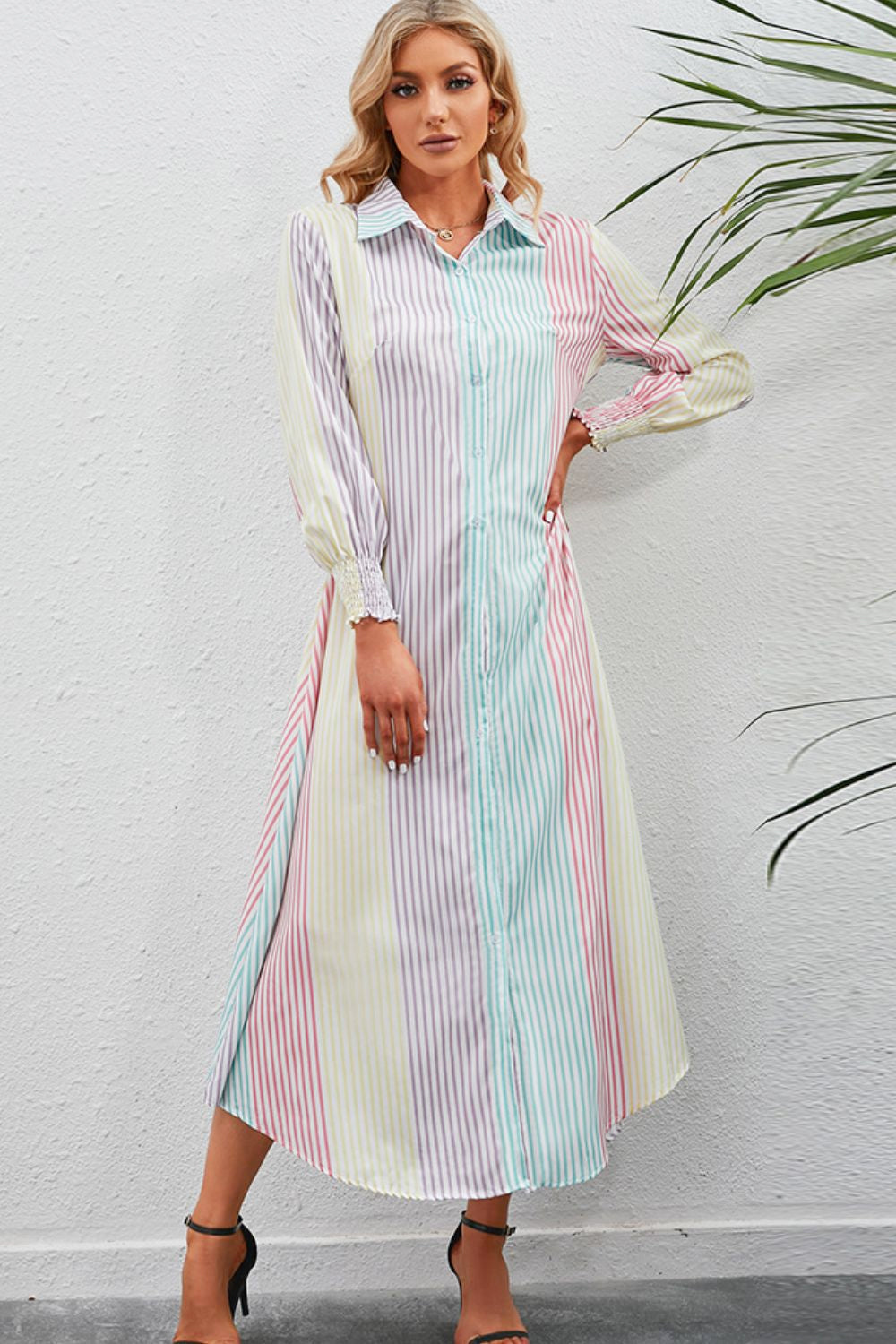 rainbow stripe button-up maxi shirt dress